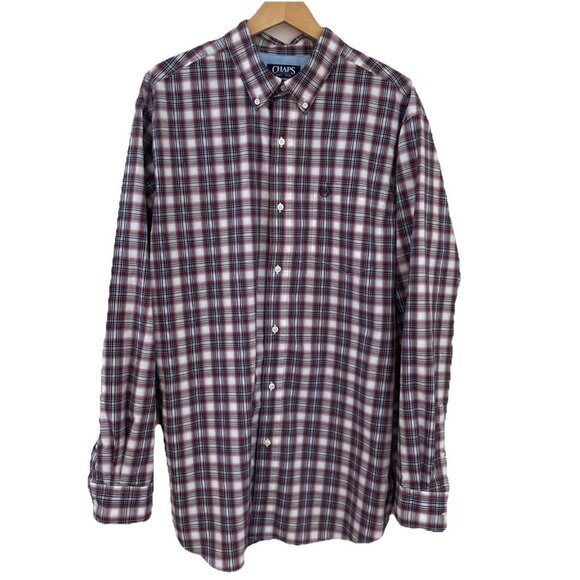 CHAPS Stretch Easy Care Button Down Shirt Men's XL Tall Red Plaid Long Sleeve - Picture 1 of 12